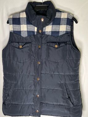 Ci Sono Navy Quilted Puffer Vest with Blue & White Plaid Yoke